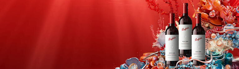 Penfolds Collection 2023 bottle against red ocean background