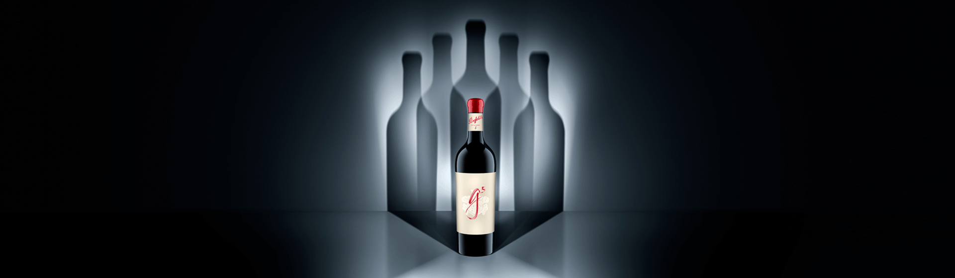 Penfolds g5 bottle with 5 blue bottle outline shadows behind